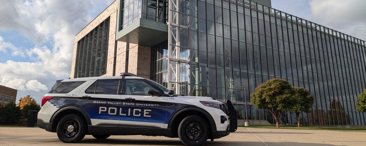 GVPD Cruiser in front of Mary Idema Pew Library